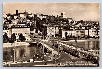 Zurich Bahnhofbrücke Switzerland Postcard ETH University Trams c1940s RPPC