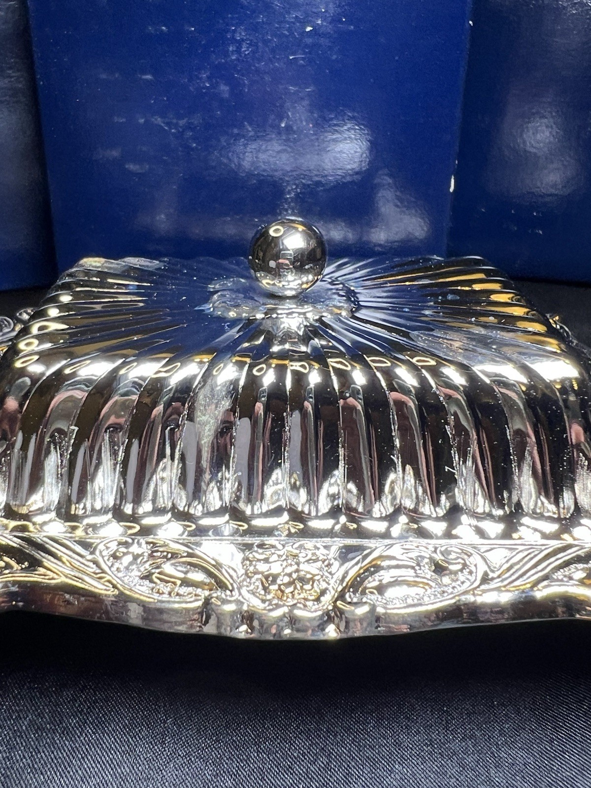 NOS Vintage Silver Plate Butter Dish Ornate with Glass Insert 4.75” Unique Size