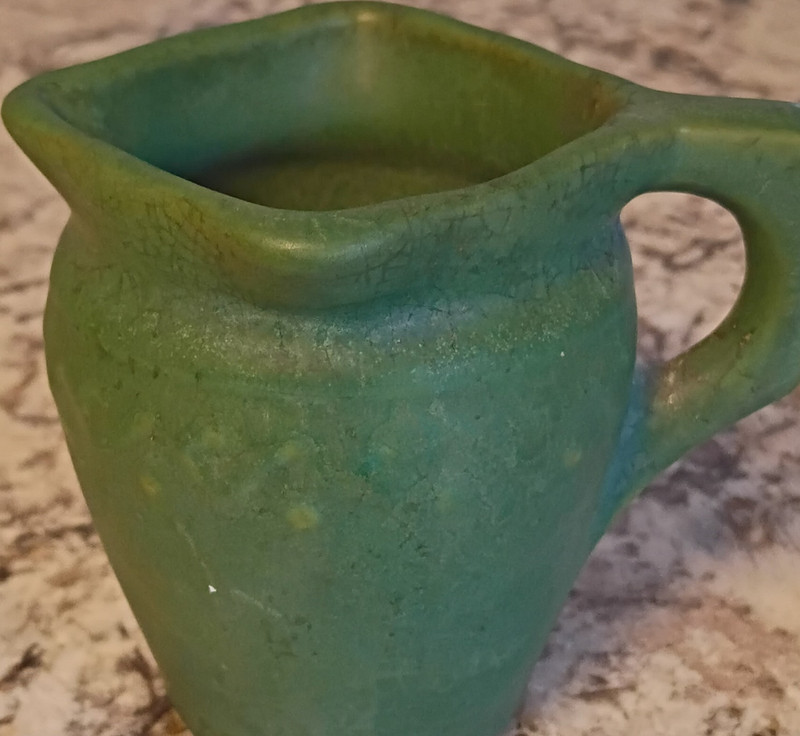 Extreme rare Roseville Rozane Egypto Green Ceramic Matte Square Creamer