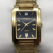 Elgin Watch Mens 29mm Gold Tone Black Dial Diamond Date FG056N New Battery 8"