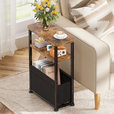 Simple Trending Narrow Side Table, 3 Tiers Slim End Tables with Fabric Basket...