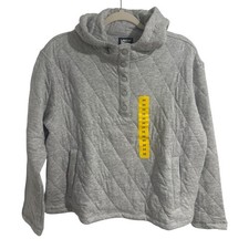 Lands End Womens Quilted Snap Neck Hoodie Heather Gray M Pullover Sweatshirt