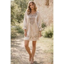 Tasha Polizzi Champagne Satin Lace Mini Dress Eyelet Boho Small