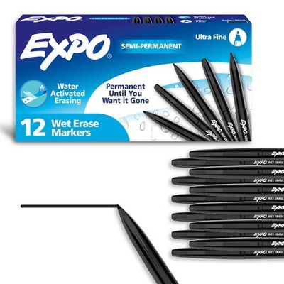 EXPO Wet Erase Markers, SemiPermanent, Black, Ultra Fine Tip, 12 Count  For W...