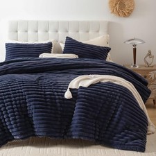 Fluffy Full Size Comforter Sets 3 Pieces - Navy Blue Fleece Fluffy Comforter
