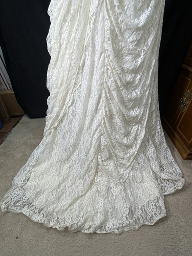 Vestido de novia eduardiano vintage años 60 70 marfil drapeado encaje volantes lentejuelas manga M - Imagen 14 de 21