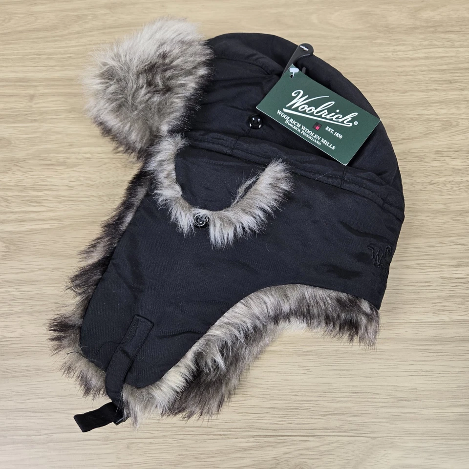 Woolrich Trapper Cap Hat sz S/M Black Faux Fur Trim NEW  - Image 2 of 4