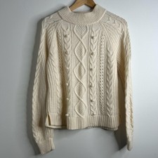 J Crew Sweater Womens Medium Ivory Cable Knit Fisherman Bobble Lambswool Blend