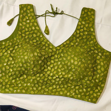 Women  s Green/Gold Brocade Choli Blouse Silk Blend Embroidered Tie Back Hooks M