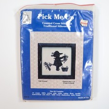 Vtg Cross Stitch Kit Silhouette Pick Me Up Fall Cleanup 5x5 Country Cottagecore