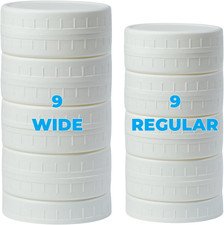 18 Pack White Plastic Mason Jar Lids with Silicone Rings, 9 Wide Mouth & 9 Regul