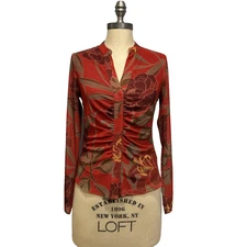 DR2 Daniel Rainn Floral Print Blouse Rushed Long Sleeve Top Small Orange Brown