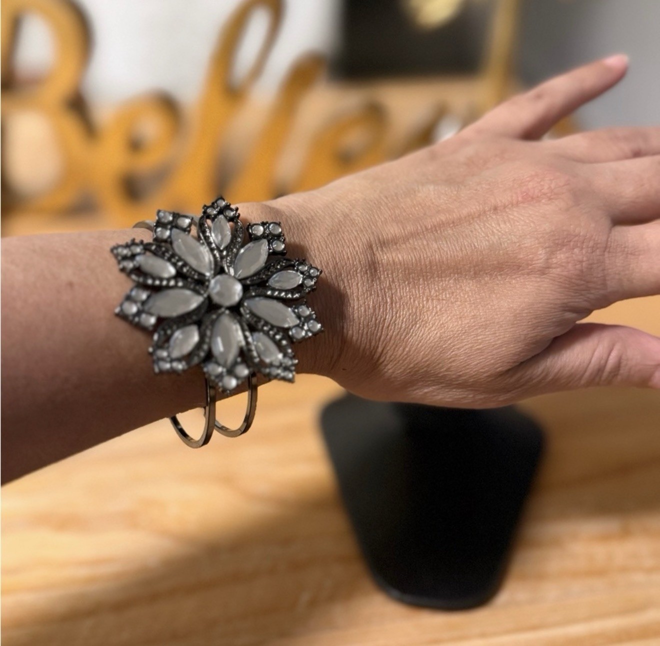 Flower Statement Adjustable Cuff Bracelet Clear G… - image 5