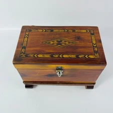Handmade Vintage Wood Inlay Jewelry Keepsake Storage Box with Lock 