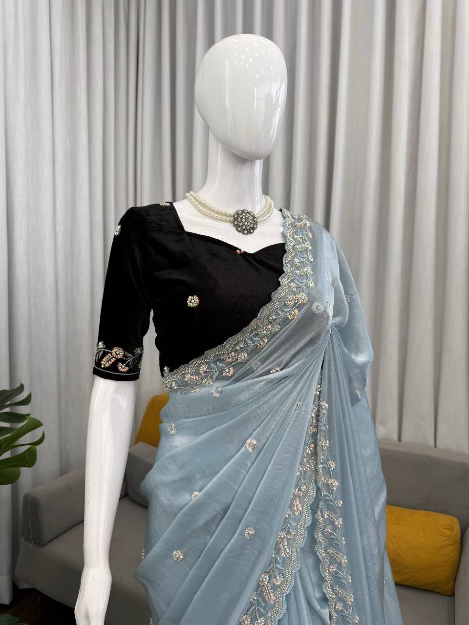 Attractive Look Fendy Silk Sky Blue Saree With Blouse For Function Wear thumbnail 2