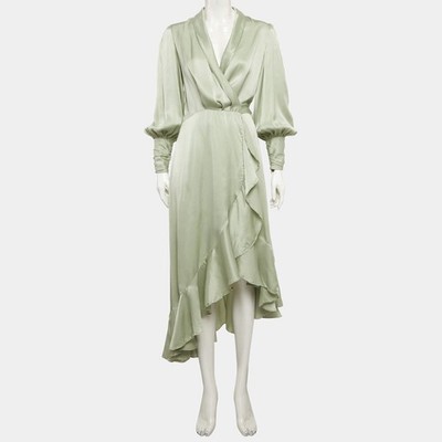 navy blue dress for baby girl Zimmermann Sage Green Satin Asymmetric Ruffled Wrap Dress M