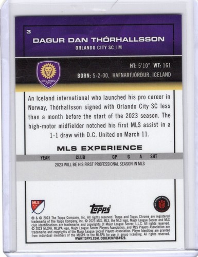 2023 Topps Chrome MLS Speckle Refractor RC Rookie Dagur Dan Thorhallsson - Picture 2 of 2