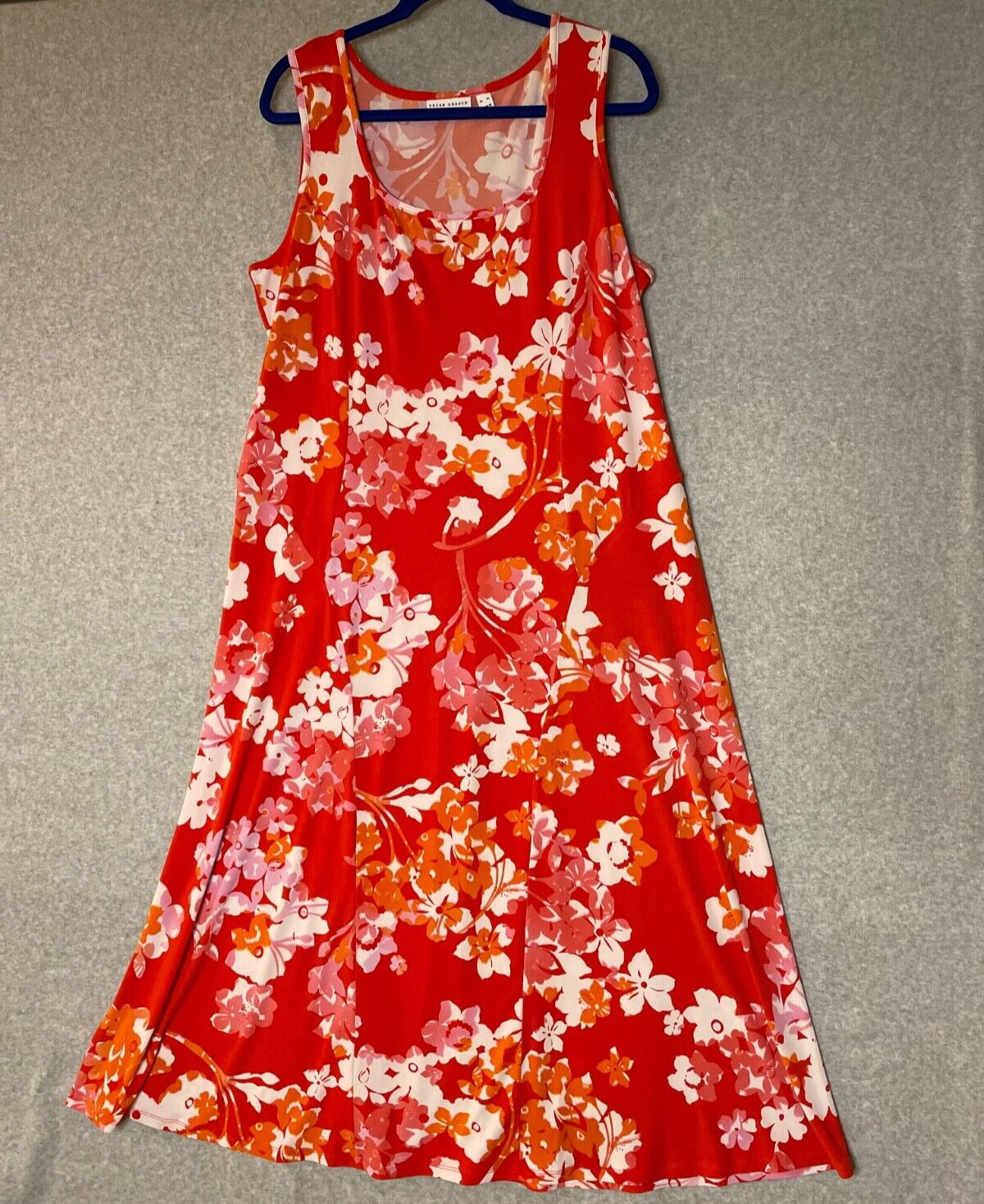 Susan Graver Maxi Dress Size XL Orange Floral Sleeveless Liquid Knit
