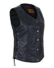 Black Women's Split Cowhide Leather Vest Motorcycle Biker Conceal Waistcoat