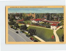 Postcard Sutter's Fort St. Francis Church in Background Sacramento California