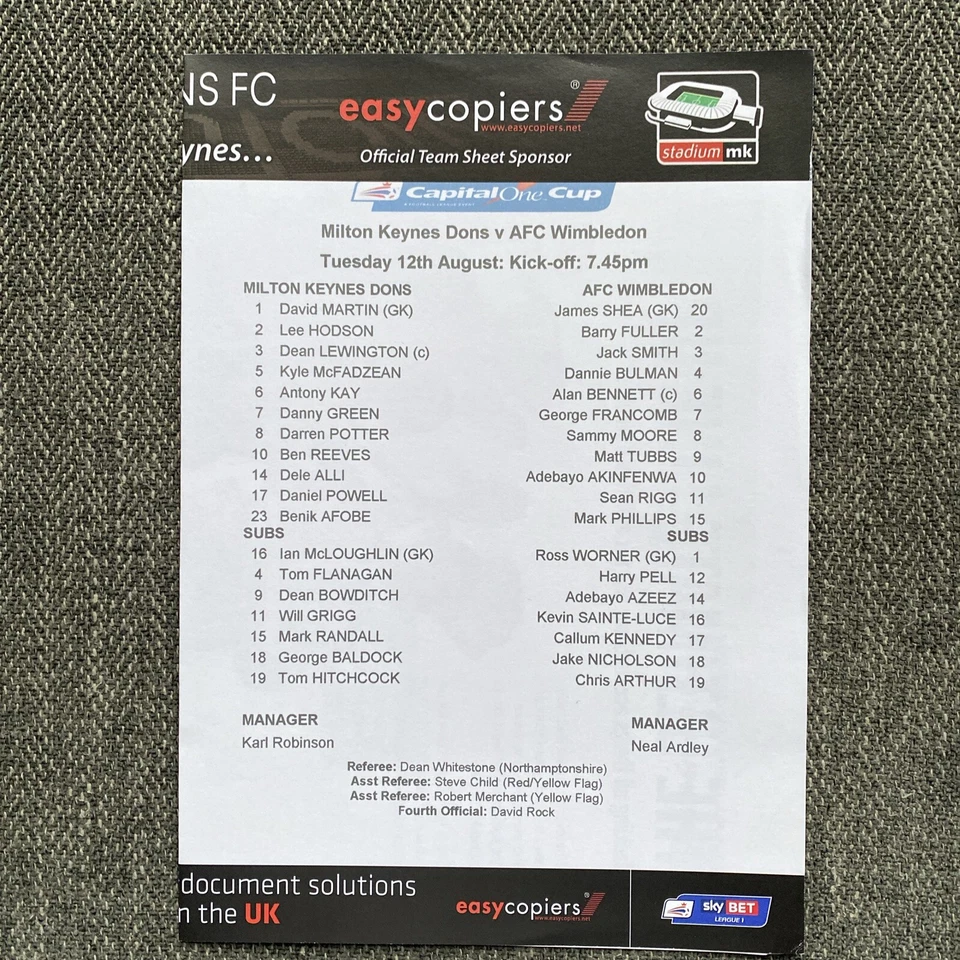 * MK Dons vs AFC Wimbledon Capital One Cup Football Programme with Teamsheet - Image 3 of 3