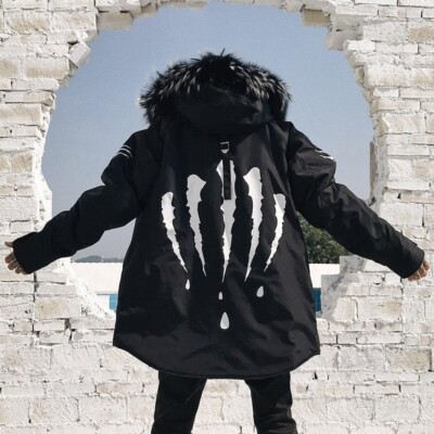 SUA MOMENT BLOOD CLAW WINTER INSULATED COAT WOMEN'S LARGE BLACK WHITE FUR HOOD
