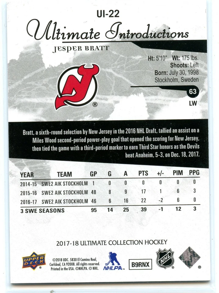 2017-18 Ultimate Collection Ultimate Introductions #UI-22 Jesper Bratt - Image 2 of 2