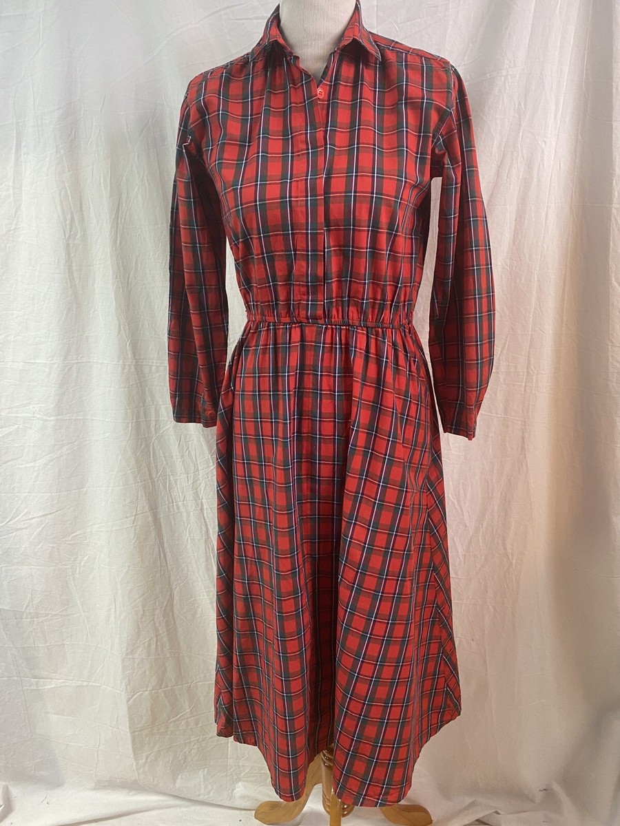 Vintage Red Plaid Midi Dress Fit Flare Button Front Bodice Long Sleeve  Cotton M | eBay