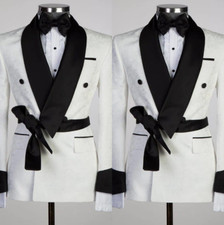 Paisley Men's Smoking Jacket With Belt Evening Party Prom Wedding Groom Tuxedos