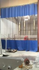 GREY & CLEAR BLUE WORKSHOP CURTAINS 8.5FT HIGH X 12.5FT WIDE & TRACK