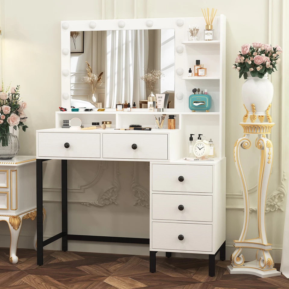 11 Led Lights Makeup Desk Set with Mirror Dressing Dresser Table White Vanity US - Image 2 of 4