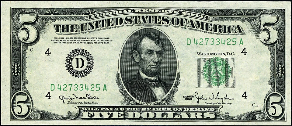 FR. 1961 D $5 1950 Federal Reserve Note Cleveland D-A Block Wide 2 Gem CU - Image 2 of 3