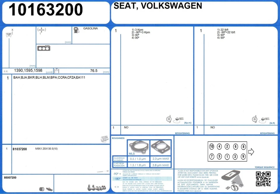 Cylinder Head Gasket Set VOLKSWAGEN SPORTVAN 1.6 103 BJA (2003-) - Изображение 2 из 2