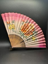 Beautiful Antique Folding Wooden  Paper Fan w/ Floral Design