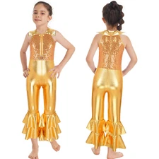 iixpin AU Kids Girls Shiny Metallic Sequins Bodysuit Jumpsuit Jazz Dance Disco
