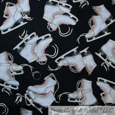 Image of BonEful Fabric FQ Cotton Quilt Black White B&W Ice Skates Sport Frozen Girl Boy