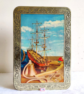 1950er Vintage Segelschiff Grafiken Nutrine Süßwaren Werbung Blechdose TI656