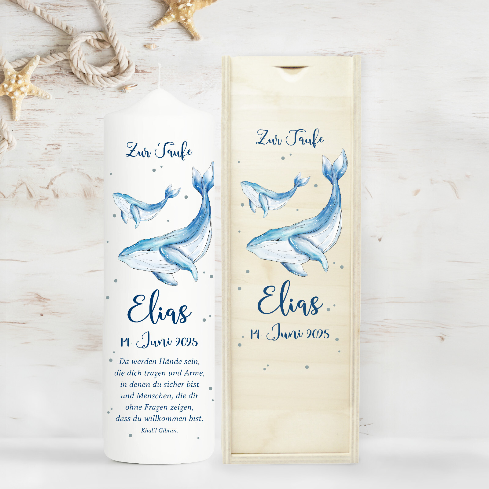 Weiße Taufkerze Kerze zur Taufe oder Kommunion Wal Fisch Taufspruch