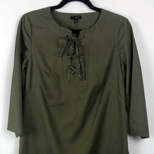 Talbots Womens Dress Sz 4P Olive Ponte Stretch Grommet Tie Front Lace Up