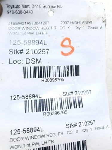 01-07 TOYOTA HIGHLANDER DRIVER SIDE FRONT WINDOW REGULATOR ASSEMBLY - Picture 10 of 12