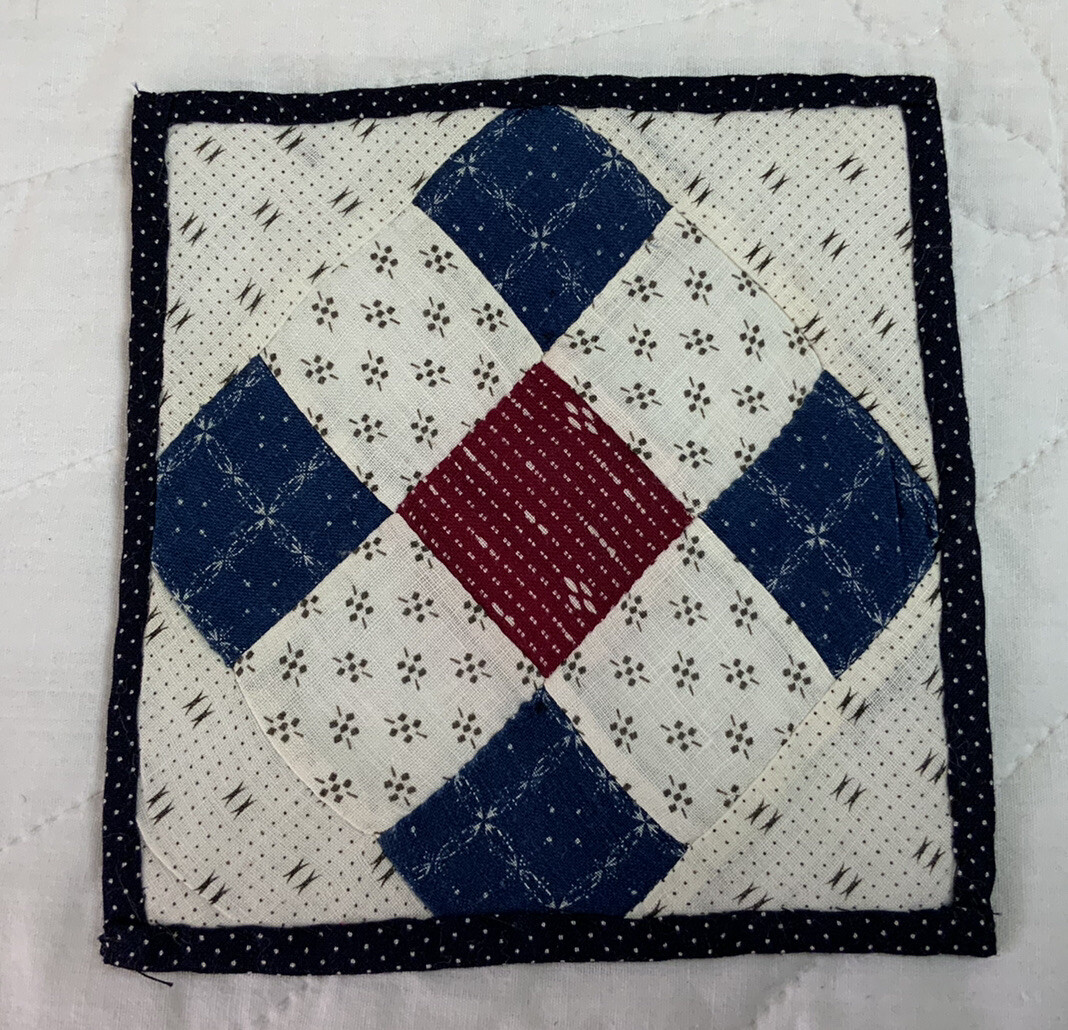 Antique Vintage Patchwork Small Quilt Table Topper, Nine Patch, Early Calicos