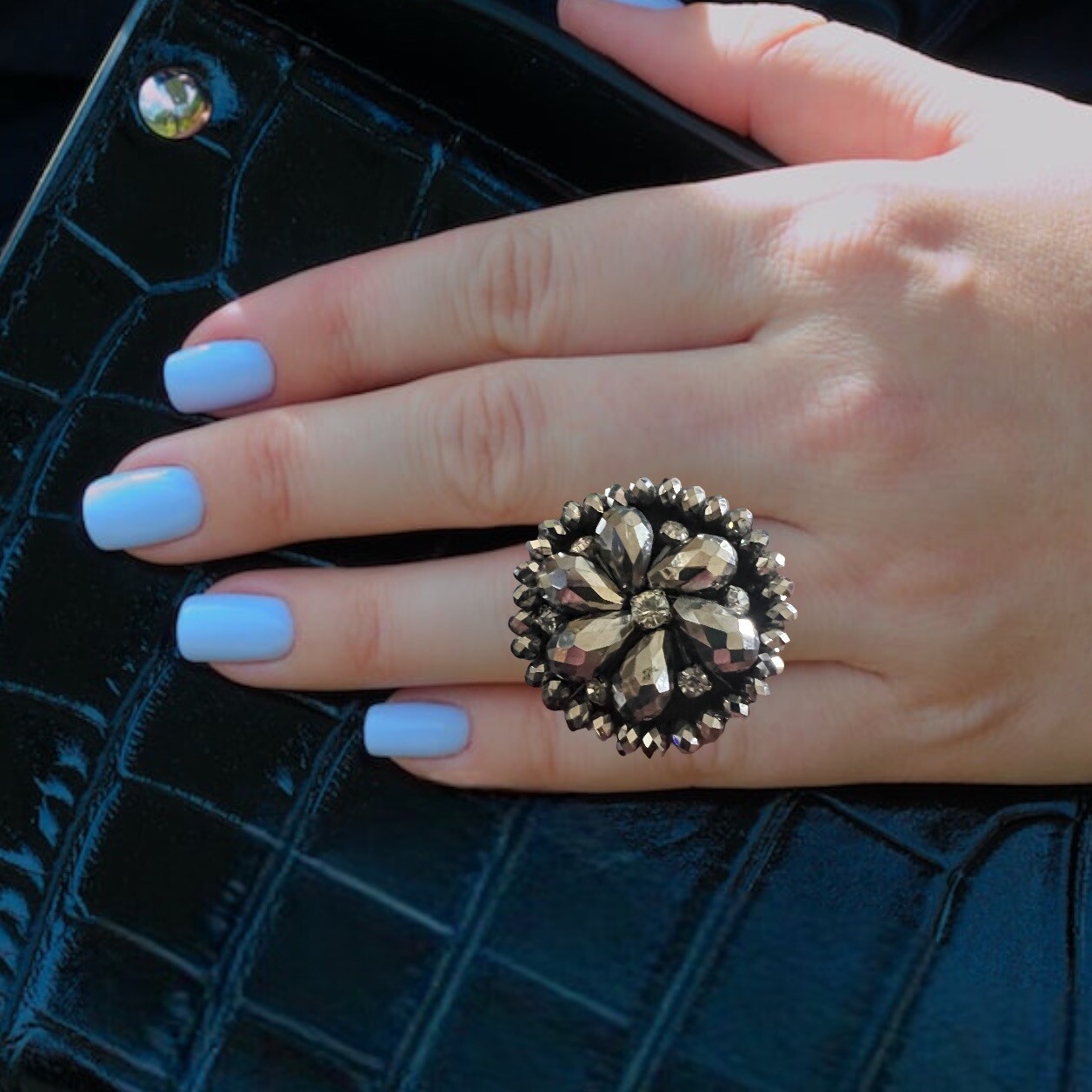 Crocheted Beaded Crystal Ring Adjustable Silver T… - image 5