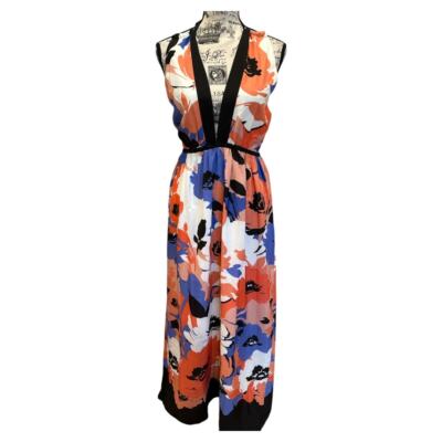 Susana Monaco Floral Satin Empire Waist Front Slit Maxi Dress Halter Womens S