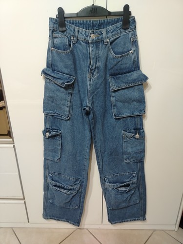 Pantaloni Donna Jeans Larghi Baggy Cargo Blu Xs Tasche Shein Vita Alta - Foto 11 di 17