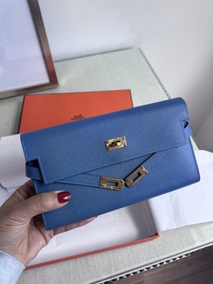 Authentic Hermes Kelly Wallet Blue Silver Hardware