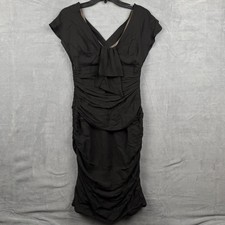 Nanette Lepore Black Viscose Linen Blend Ruched Bow Midi Dress Women's