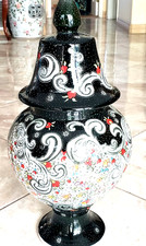 17" TALL HAND PAINTED CERAMIC URN With Lid - Signed