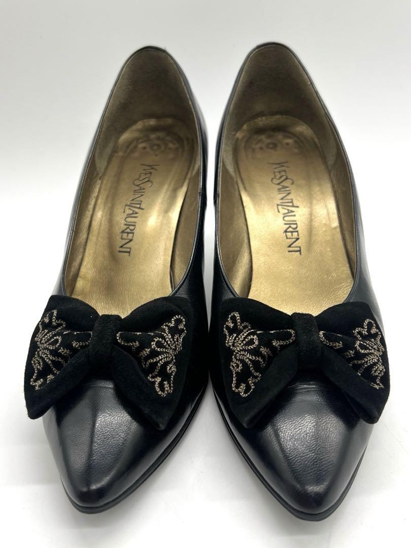 Saint Laurent Decolte YSL Tacco EU 37 5 Nastro Pelle Nero dal Giappone 98819K Autentico