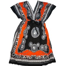 Baroque Chain Print V-Neck Cinched Drawstring Mini Dress Orange L/XL