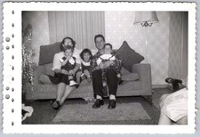 Vtg B&W Snapshot Family Father Mother Children Sitting Sofa Christmas Tree 1950s